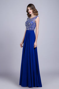 2024 Hot Selling Prom Dresses Dark Royal Blue A-Line Scoop Floor-Length Chiffon