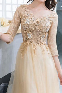 2024 Scoop 3/4 Length Sleeves A Line Tulle With Applique Prom Dresses