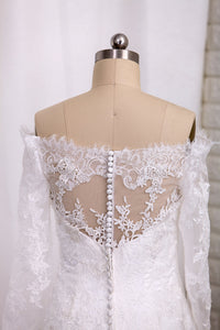 2022 Wedding Dresses A Line Long Sleeves Boat Neck With Applique