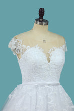 Load image into Gallery viewer, 2022 A Line Lace Cap Sleeve Scoop Wedding Dresses With Beads Court Train