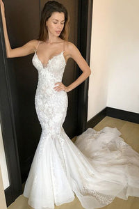 2022 Mermaid Wedding Dresses Spaghetti Straps With Applique And Beads Tulle