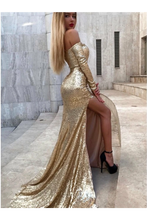 Load image into Gallery viewer, Mermaid Long Split Prom Dress Gold Sequined Evening Dress With Sleeves
