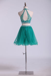 2024 Halter Homecoming Dresses Two-Piece Short Beaded Bodice Tulle