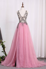 Load image into Gallery viewer, 2024 Straps Prom Dresses A Line Tulle With Beading And Slit New Arrival