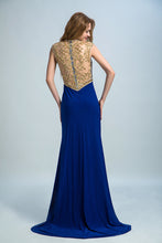Load image into Gallery viewer, 2024 Scoop Neckline Column Beaded Bodice Prom Dresses With Court Train &amp; Slit