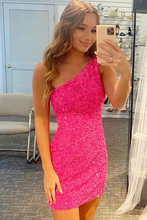 Load image into Gallery viewer, Glitter One-Shoulder Hot Miah Pink Homecoming Dresses With Sequins