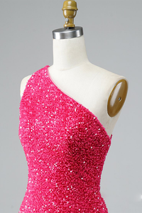 Glitter One-Shoulder Hot Miah Pink Homecoming Dresses With Sequins