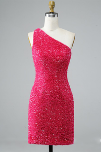 Glitter One-Shoulder Hot Miah Pink Homecoming Dresses With Sequins