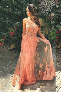 2022 Scoop Mermaid Tulle Prom Dresses With Applique Sweep Train
