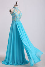 Load image into Gallery viewer, 2022 High Neck A Line Prom Dresses With Applique&amp;Beads Chiffon