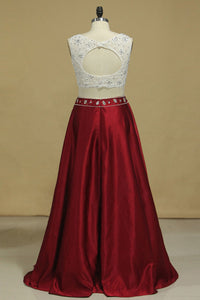 2024 Prom Dresses A-Line Scoop Floor-Length Satin & Lace Open Back