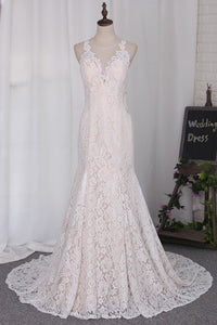2022 New Arrival Wedding Dresses Mermaid Scoop Lace With Applique Court Train
