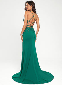 Robin Jersey Prom Dresses Sequins Sweep Train V-neck With Trumpet/Mermaid