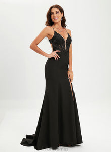 Train Emely With Sequins Prom Dresses Crepe Trumpet/Mermaid Stretch V-neck Sweep Lace