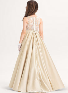 Mara Floor-Length Ball-Gown/Princess Lace Satin Junior Bridesmaid Dresses Scoop Neck