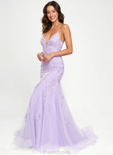 Load image into Gallery viewer, Train Prom Dresses Sequins Sweep With Tulle Lace Delilah V-neck Trumpet/Mermaid