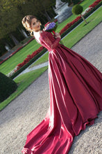 Load image into Gallery viewer, 2024 A Line Scoop Prom Dresses Long Sleeves Satin With Applique Court Train