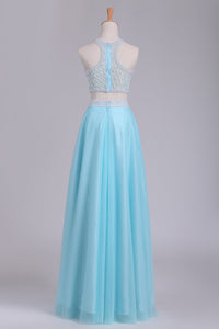 2024 Two Pieces Scoop Prom Dresses A Line Tulle With Beads Floor Length