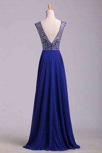 2024 Hot Selling Prom Dresses Dark Royal Blue A-Line Scoop Floor-Length Chiffon