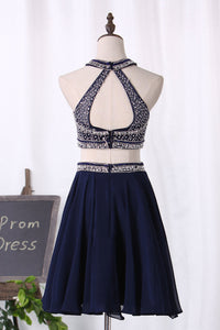 2024 Two-Piece Halter Beaded Bodice Homecoming Dresses A Line Open Back Chiffon