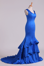 Load image into Gallery viewer, 2024 Dark Royal Blue Off-The-Shoulder Mermaid Prom Dresses Sweep Train Satin Zipper Back