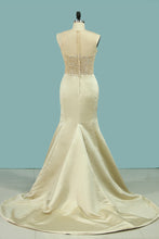 Load image into Gallery viewer, 2024 Mermaid/Trumpet Satin Scoop Wedding Dress With Applique Detachable Train