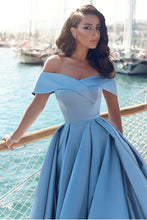 Load image into Gallery viewer, 2024 A Line Off The Shoulder Prom Dresses Satin With Slit