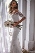 Load image into Gallery viewer, Two Pieces Ivory Lace Mermaid Off The Shoulder Wedding Dresses, Beach Wedding Gowns