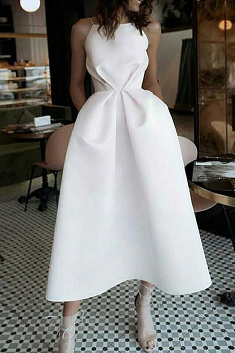 A-Line Tea-Length White Prom Dress With Homecoming Dresses Jada Pockets