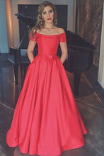 Load image into Gallery viewer, 2024 A Line Red Scoop Neck Short Sleeves Satin Prom Dresses With Pockets