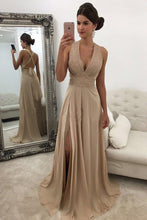 Load image into Gallery viewer, Charming Open Back V-Neck Front Split Champagne Beading Chiffon Prom Dresses