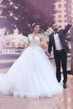 Load image into Gallery viewer, 2024 V Neck Long Sleeves A Line Wedding Dresses Tulle With Applique