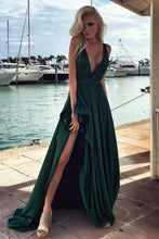 Load image into Gallery viewer, 2022 V Neck A Line Satin Prom Dresses With Slit Sweep Train