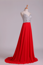 Load image into Gallery viewer, 2022 Prom Dress V-Neck A-Line Beaded Tulle Bodice Sweep Train Chiffon