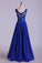 2022 V-Neck Prom Dresses A Line Chiffon With Applique Dark Royal Blue