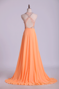 2022 Halter A-Line Prom Dresses Tulle And Chiffon Sweep Train