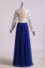 Load image into Gallery viewer, 2022 Hot V Neck Prom Dresses A Line Chiffon With Applique Sweep Train Dark Royal Blue