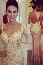 Load image into Gallery viewer, 2022 Scoop Mermaid Prom Dresses Sequins With Applique Floor Length Long Sleeves