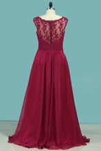 Load image into Gallery viewer, 2024 A Line Scoop Evening Dresses Chiffon With Applique Sweep Train