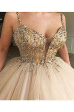 Load image into Gallery viewer, Unique Spaghetti Straps V Neck Beads Ball Gown Tulle Prom Dresses Quinceanera Dresses