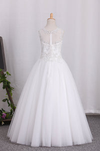 2024 New Arrival Scoop Tulle A Line Flower Girl Dresses With Applique And Beads