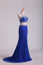 Load image into Gallery viewer, 2024 Two-Piece Scoop Mermaid Prom Dresses With Beading Lace Dark Royal Blue