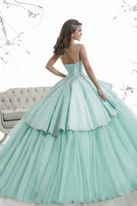 2024 Scoop Ball Gown Quinceanera Dresses Tulle & Satin With Beads Open Back