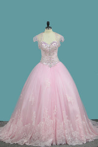 2022 Ball Gown Quinceanera Dresses Sweetheart Sweep/Brush Lace Up Back Applique And Beading