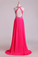 2022 Halter Prom Dresses Beaded Bodice Open Back A Line Chiffon & Tulle Sweep Train