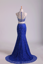 Load image into Gallery viewer, 2024 Two-Piece Scoop Mermaid Prom Dresses With Beading Lace Dark Royal Blue