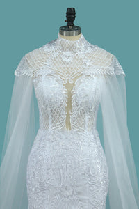 2022 Tulle Scoop Wedding Dresses Mermaid With Applique Chapel Train