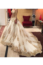 Load image into Gallery viewer, 2024 Prom Dresses V Neck Long Sleeves Tulle With Applique And Beads Court Train