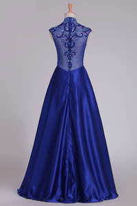 2024 High Neck Prom Dresses Satin With Beading Floor Length Dark Royal Blue