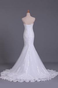 2022 Wedding Dresses Strapless Mermaid Chapel Train With Applique Lace Up